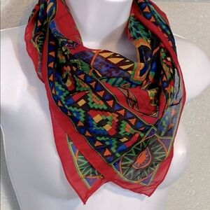 Vintage Ginnie Johansen Vibrant Red and Blue Scarf with Geometric Patterns
